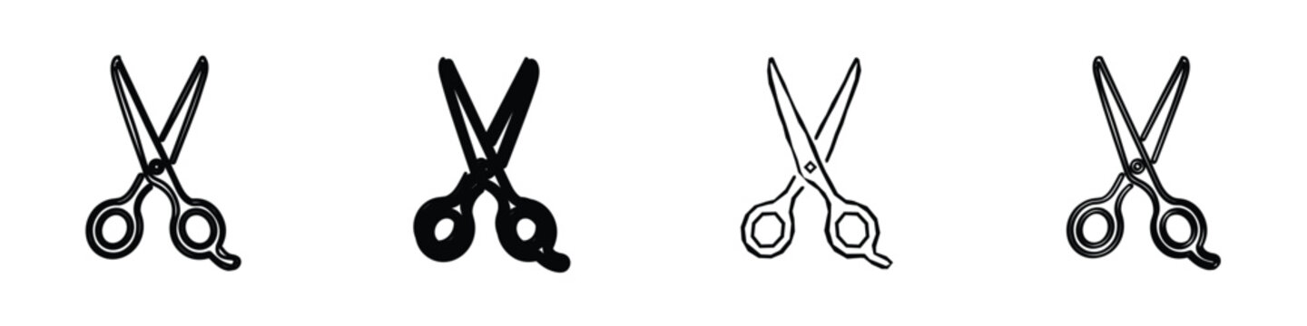 A set of four distinct scissor icons, each rendered in a unique line art style, presented together for comparison and design versatility
