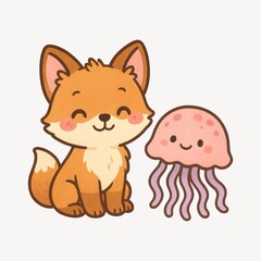 Fototapeta premium Cute cartoon fox jellyfish illustration.