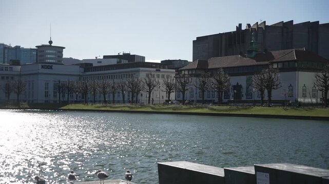 View of Kode Art Museum - Lysverket from Lille Lundgegardsvannet park on a sunny day, Bergen, Vestland, Norway, Scandinavia, Europe