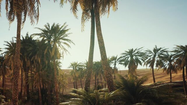 Palm trees stand tall in a desert setting as sunlight filters through the leaves. The sand dunes are visible in the background. The scene captures a warm afternoon light.