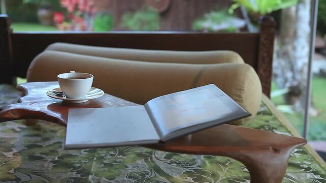 Morning Warm Drink and Welcome Menu on Solid Wood Table in Luxury Villa
