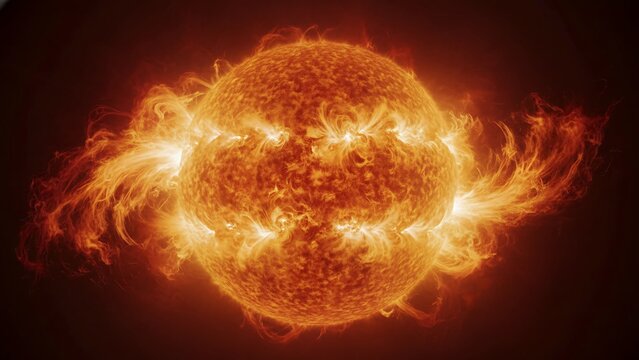 ia generated cosmic view of a burning sun with powerful magnetic field loops and plasma coronal mass ejections, isolated on a black background. Futuristic solar storm illustration.