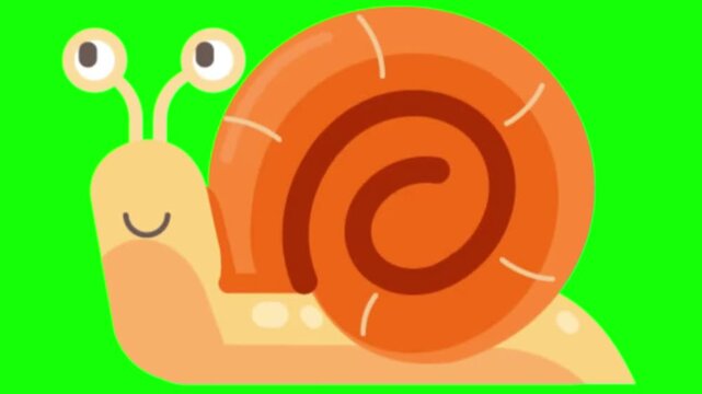 Snail cartoon character with a spiral orange shell smiles against a vibrant solid green background, representing a slow and steady pace in nature for various educational and creative design projects.