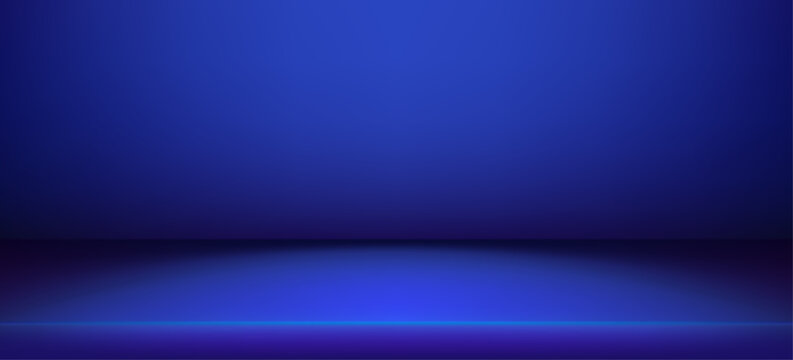 Blue bg gradient studio room with empty podium stage. Vector 3D abstract background featuring deep navy tones, elegant platform space for modern product presentation