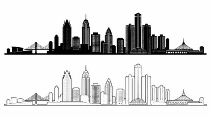 Obraz premium Detroit Skyline City Silhouette in Black and White Outline