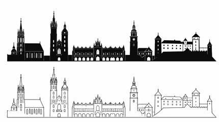 Fototapeta premium Krakow City Skyline Silhouette and Outline Vector Illustration