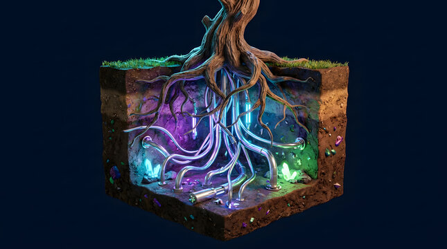 Isometric 3D cross section of earth showing a tree with luminous cybernetic roots and neon cables