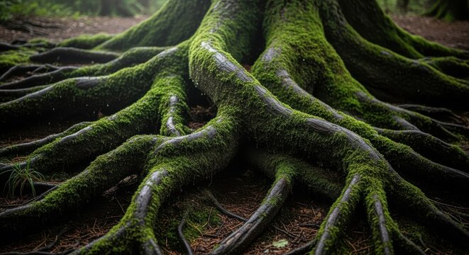 Ancient moss covered tree roots spreading across the forest floor