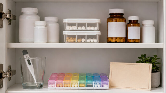 Neatly organized home medicine cabinet shelf filled with various prescription medication bottles, pill organizers, digital thermometer, and blank note card for healthcare tracking.