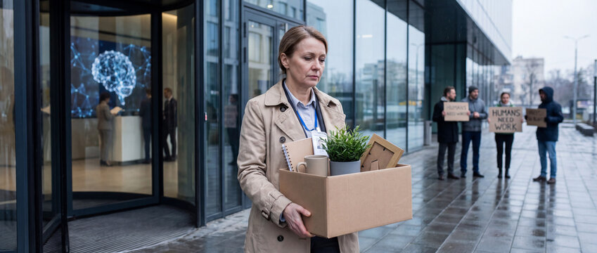 Fired woman carrying box of personal belongings outside office building with protesters demanding jobs in background, depicting unemployment and AI job replacement concept