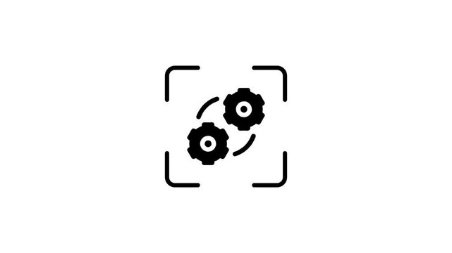 Digital scan animation of mechanical gears icon using green laser light on white background.