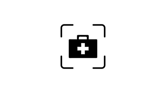 Medical first aid kit icon scanning animation with green laser hud interface on white background for healthcare concepts.