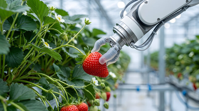 High tech robotic arm harvesting ripe red strawberries in a modern automated greenhouse