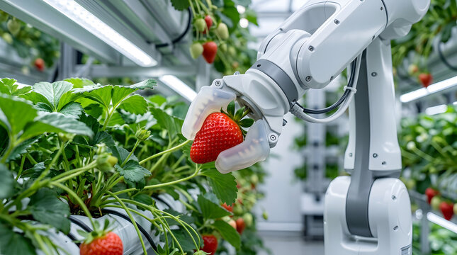 Advanced robotic picker harvesting a large red strawberry in a high tech indoor vertical farm