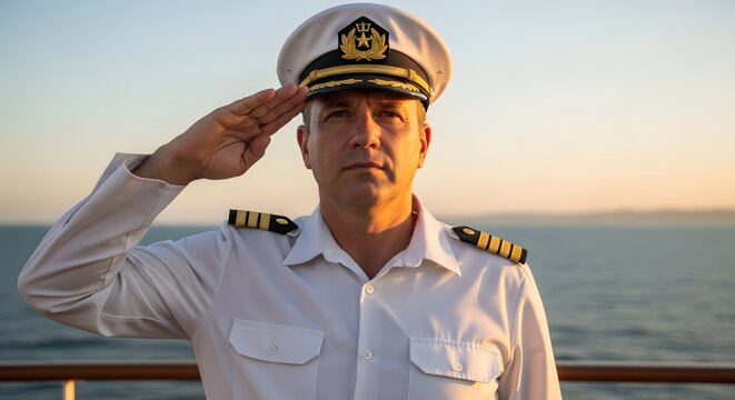 Male ship captain in white uniform saluting