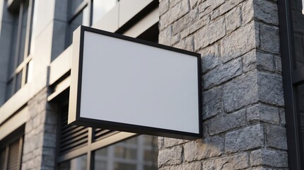 Fototapeta premium Blank white sign on a stone building exterior with mounted gray stone exterior windows architecture construction advertising information outdoor urban wall