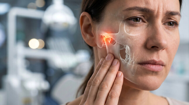 Woman Suffering from Temporomandibular Joint Pain with Transparent TMJ Anatomy Showing Jaw Inflammation