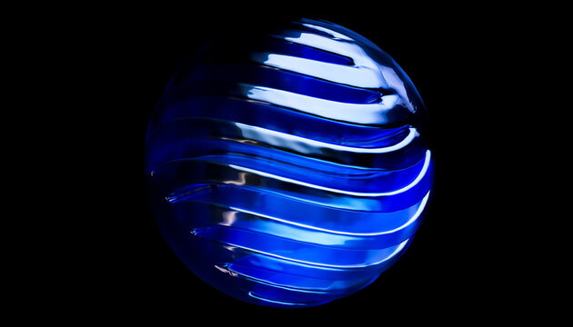 3D blue liquid sphere floats on a deep black background.