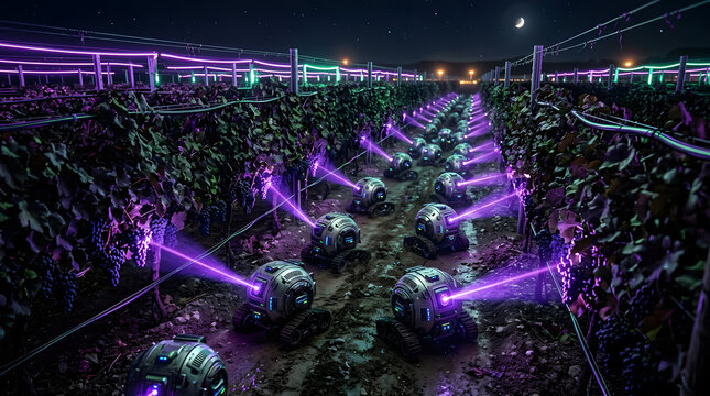 Nighttime agricultural scene with multiple automated robots emitting purple lasers over crops