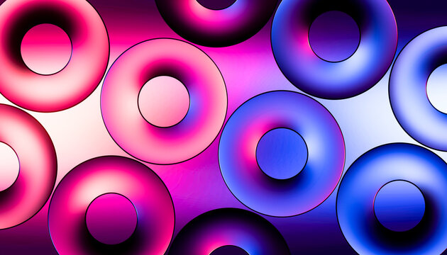 3D neon torus cluster across a vivid gradient wallpaper.