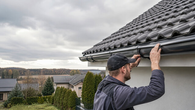 Professional worker installing or repairing black metal gutters on modern residential house roof against cloudy sky background in suburban setting during daytime