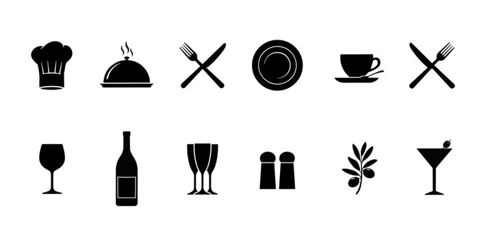 Set of black vector icons for restaurant and dining services including cutlery wine bottle glasses and food items with restaurant