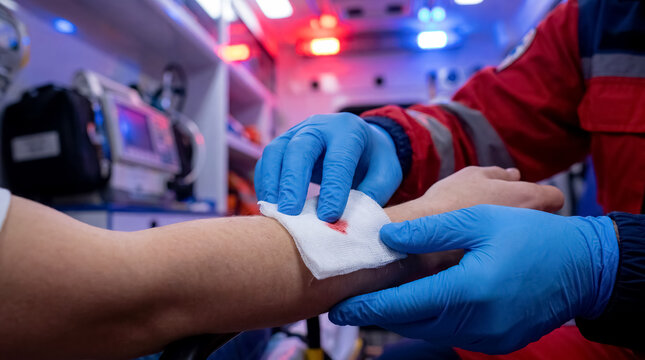 paramedic emergency medical response ambulance patient rescue care first aid emphasizing human reassurance with emergency medical paramedic hand blue response detail shows trained responders urgent