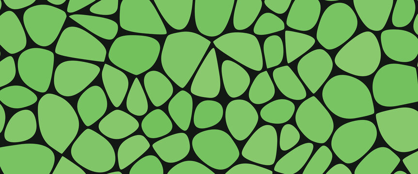 Green voronoi pebble pattern with irregular cell shapes and black outlines on a dark background cells geometric outline abstract