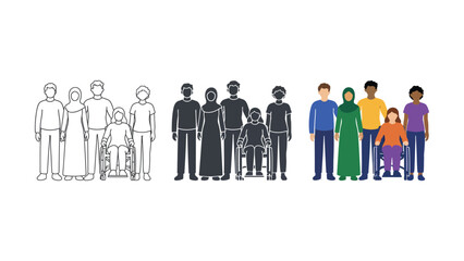 Fototapeta premium Diverse family groups including people with disabilities in wheelchairs illustration