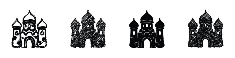 Four distinct black and white castle illustrations showcase different artistic interpretations, from hand-drawn sketches to solid silhouettes, offering versatile design elements © Vova7