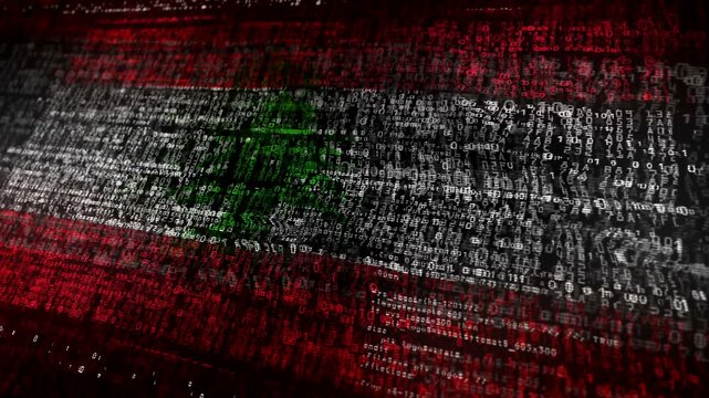 Lebanon flag waving secure code. Lebanese blowing banner cyber security attack and hack concept animation.