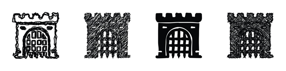 Four distinct graphic representations of a castle gate, showcasing different artistic interpretations from rough sketches to bold solid forms © Vova7