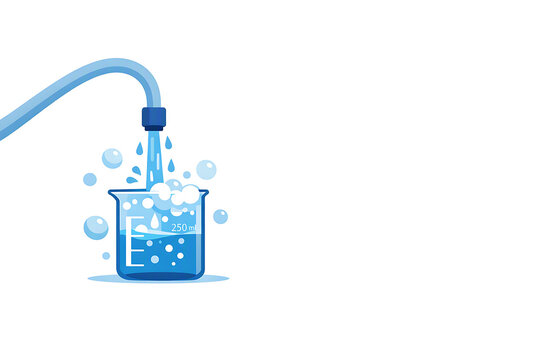 Science Experiment Concept with Blue Liquid Filling a 250ml Beaker Lab Equipment on White Background
