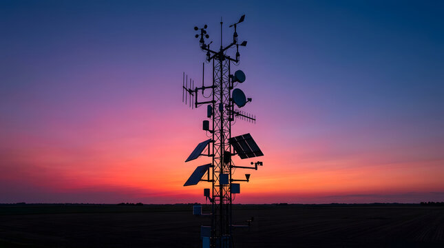 Modern weather station and radio mast silhouette with solar power at dusk, wireless network infrastructure concept, generative AI.