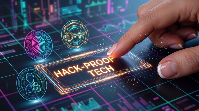 Finger touching digital interface button for secure hack proof technology concept in modern cyber space