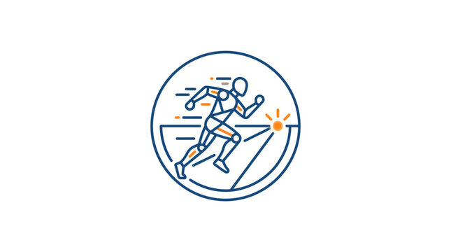 A stylized circular icon showing a geometric runner in motion