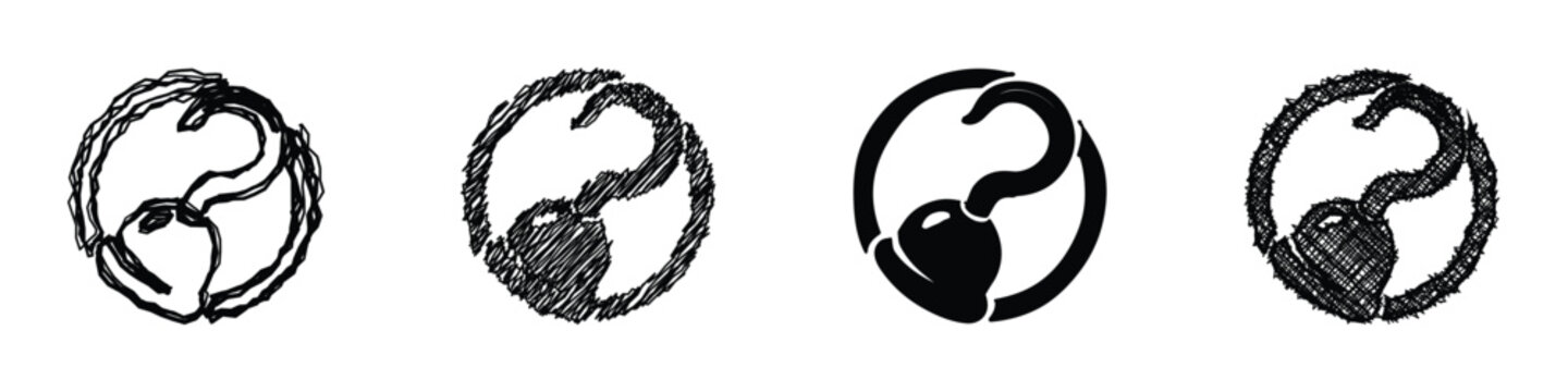 A set of four distinct circular icons, each depicting a pirate's hook in a different artistic rendering, from sketch to solid silhouette