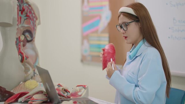 Young woman in lab coat holds lung model. She stands near anatomy mannequin and laptop. Focused expression suggests teaching or demonstration. Classroom room features whiteboard and colorful posters