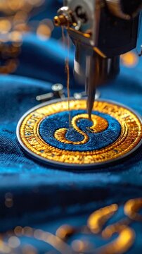 A sewing machine needle embroidering a gold emblem on blue fabric