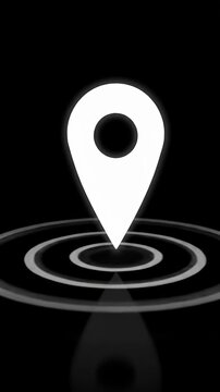 White location map pin icon on black background.