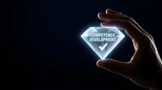 A person holding a glowing diamond icon representing professional competency development success