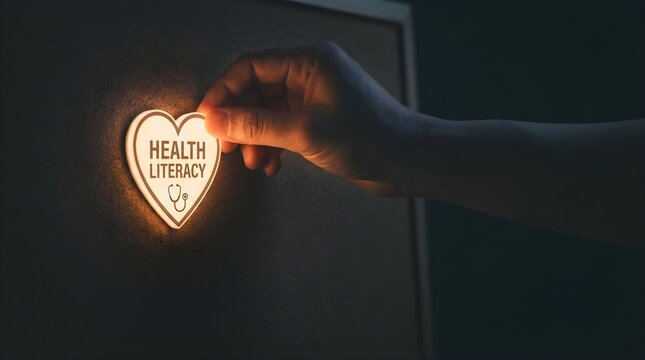 A person placing a glowing health literacy heart symbol on a dark wall for medical awareness