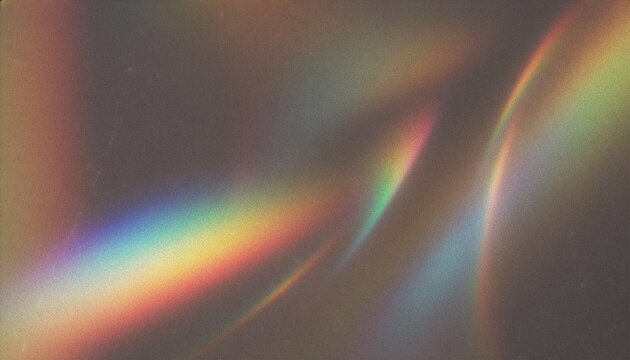 Smooth rainbow colored light waves dance beautifully over a dark textured backdrop creating a luxurious iridescent gradient spectrum overlay. analog Film emulsion template