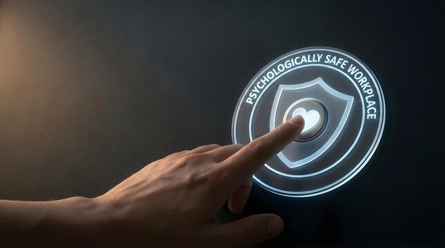 Finger pressing virtual button for psychologically safe workplace with shield icon