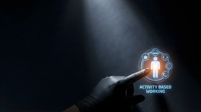 Professional hand touching digital activity based working interface concept with interacting glowing digital