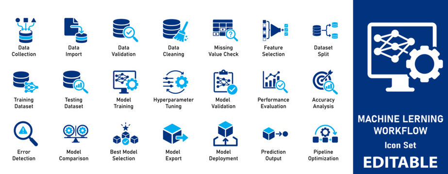 Editable Machine Learning Workflow Vector Icon Set. Artificial Intelligence, Data Processing, Deep Learning and Algorithm Symbols.