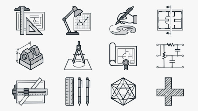 Elegant Monochrome Icons Set Featuring Engineering Drafting and Architectural Tools and Symbols