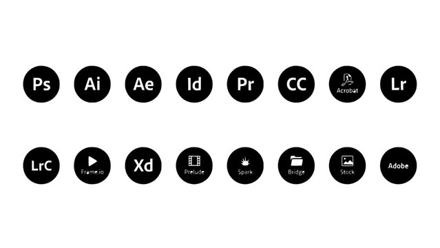 Collection of Black Circular Icons Representing Adobe Creative Software and Services Featuring Icon, Symbol, Graphic with Design and Set Elements