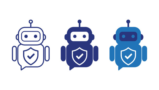 Three robot icons with security shield and checkmark symbols on transparent background