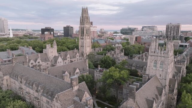 Drone shot of Yale University. Shot in New Haven, Connecticut on a summer day
